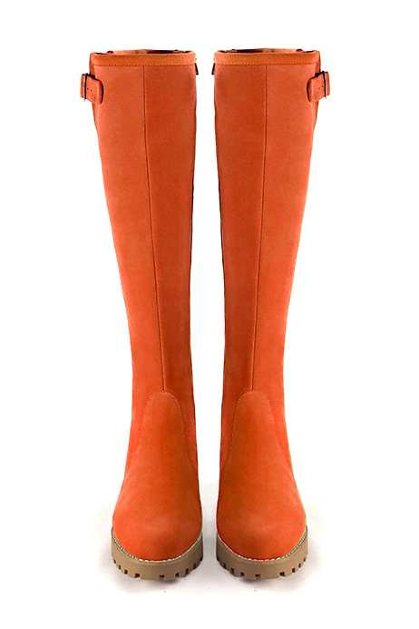Clementine orange women's knee-high boots with buckles.. Made to measure. Top view - Florence KOOIJMAN